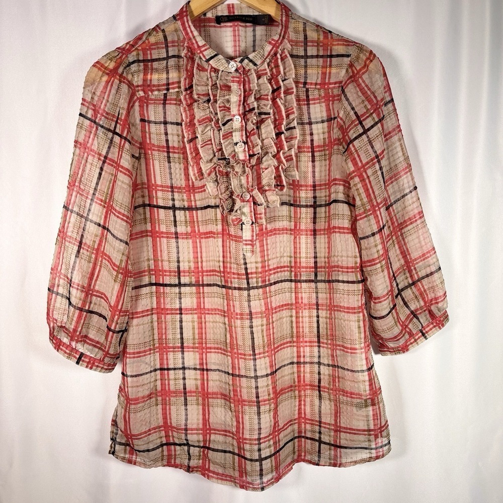 Sheer Cottage Ruffle Top Womens XS Plaid Peasant Romantic Prairie Outback Red